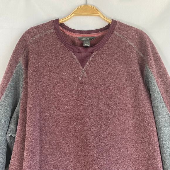 Eddie Bauer Terry Fleece Colorblock Lounge Sweater Men XL Burgundy Gray Crewneck - Picture 6 of 9